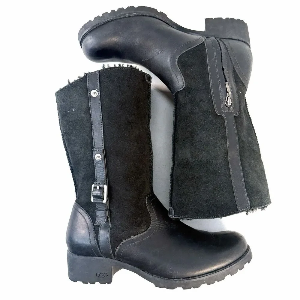 UGG Australia Bellevue Shearling Fold Over Moto Black Leather Boots Sz 10 U.S.